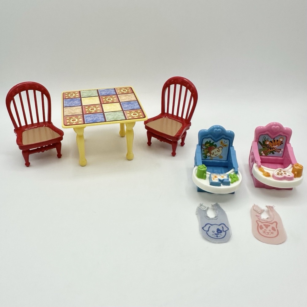 Fisher Price Loving Family Dollhouse Dining Furniture Table Red Chairs Baby Seat